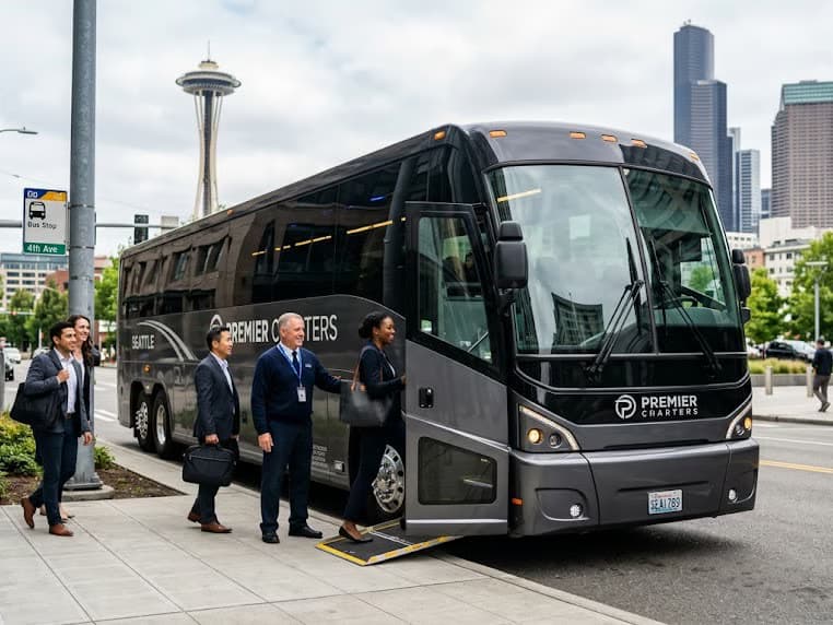Passengers boarding a charter bus in San Diego, CA