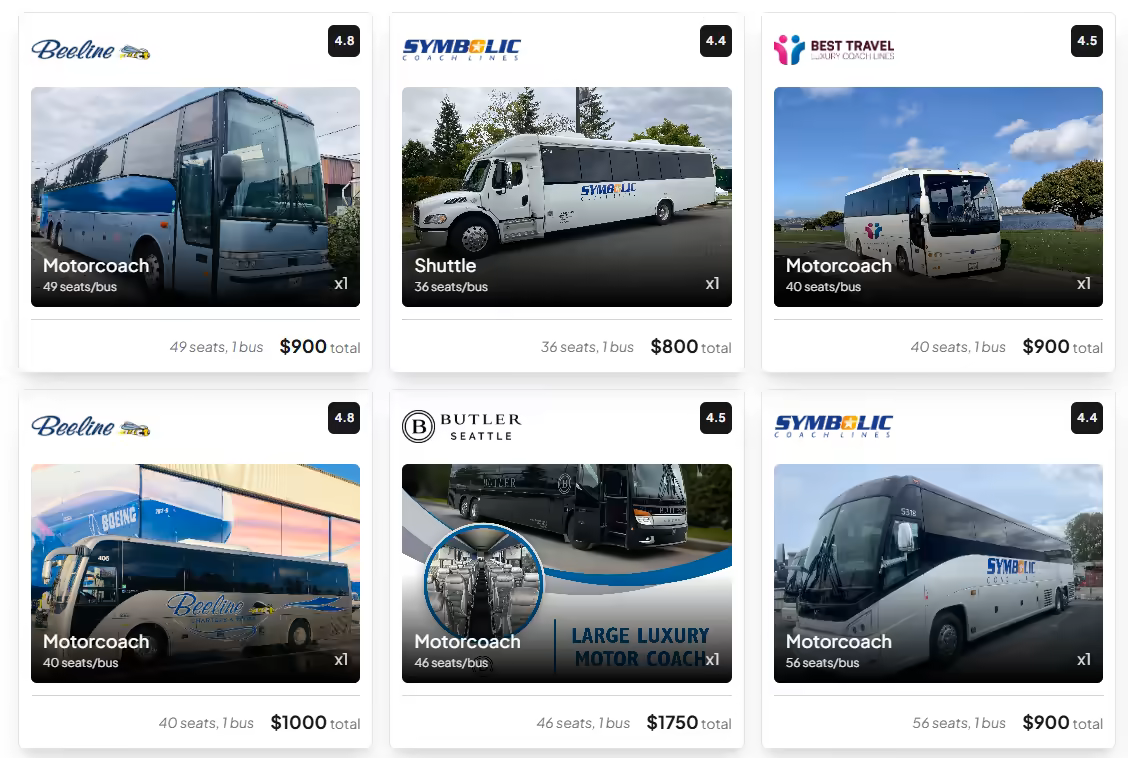Buslane search results comparing charter bus operators by rating, seats and total price