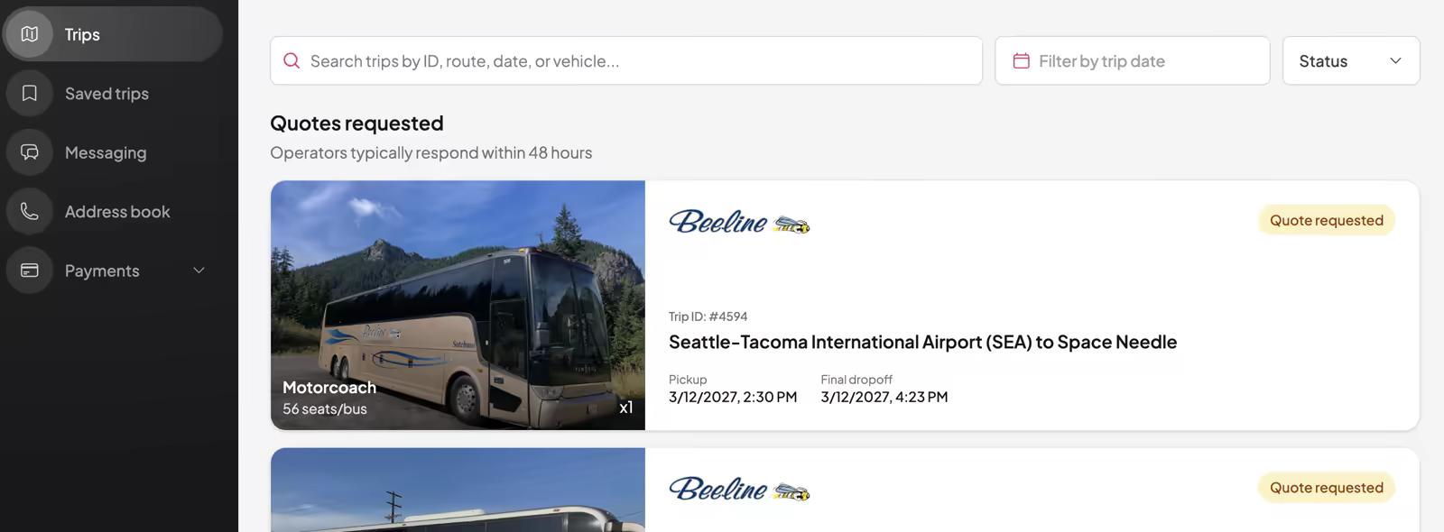 Buslane customer dashboard showing a trip with its route, pickup time and status